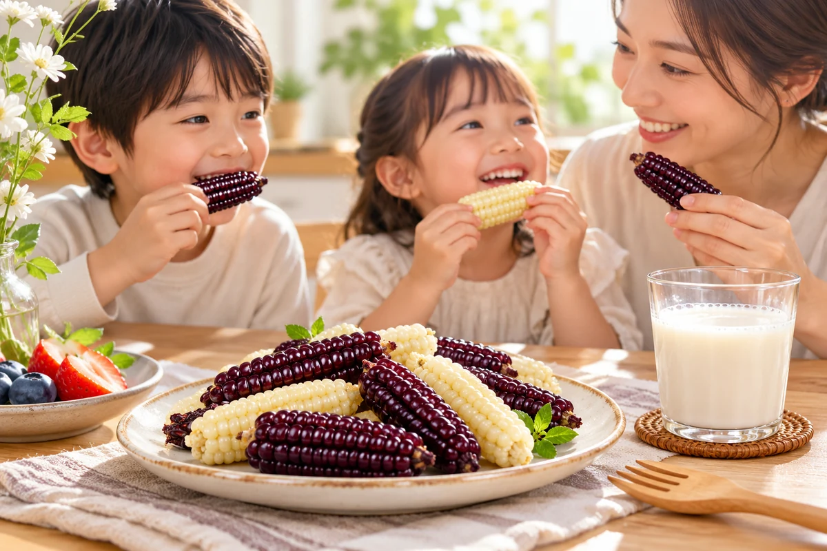 Ứng dụng thực dưỡng và hấp nóng 5 phút Ngô Mochi Tím và Ngô Mochi Trắng Kame Nozoki giữ trọn độ dẻo rền